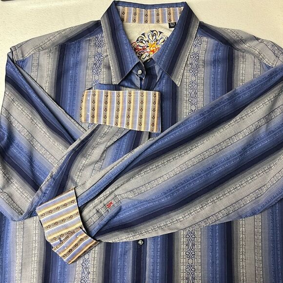 Robert Graham Flip Cuff Button Down Men’s XL Stripe Blue Gray Pattern Cotton - Picture 1 of 10